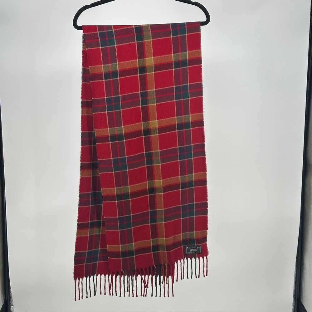 Men’s Christian Dior Cashmaire 100% Acrylic Red Plaid Scarf with Fringe Luxury